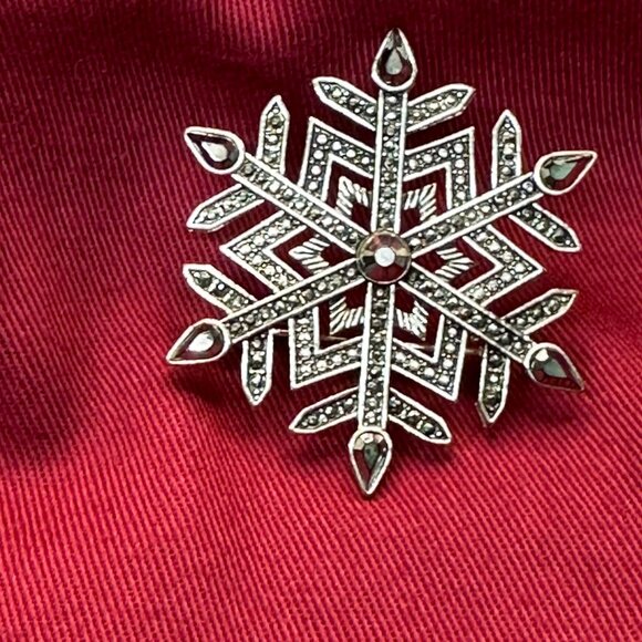 Silver-Tone & Black Crystal Snowflake Brooch – Christmas Accessory - Picture 1 of 8